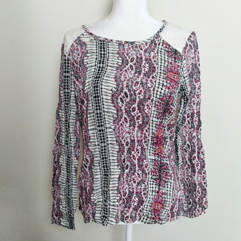 Copper Key Crochet Lace Detail Boho Abstract Print Long Sleeve Top